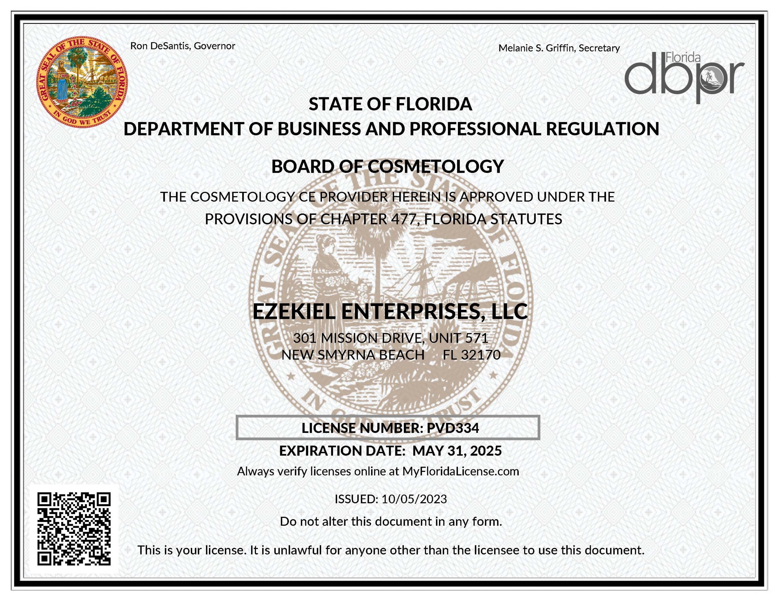 Florida Cosmetology Board License for Ezekiel Enterprises, LLC